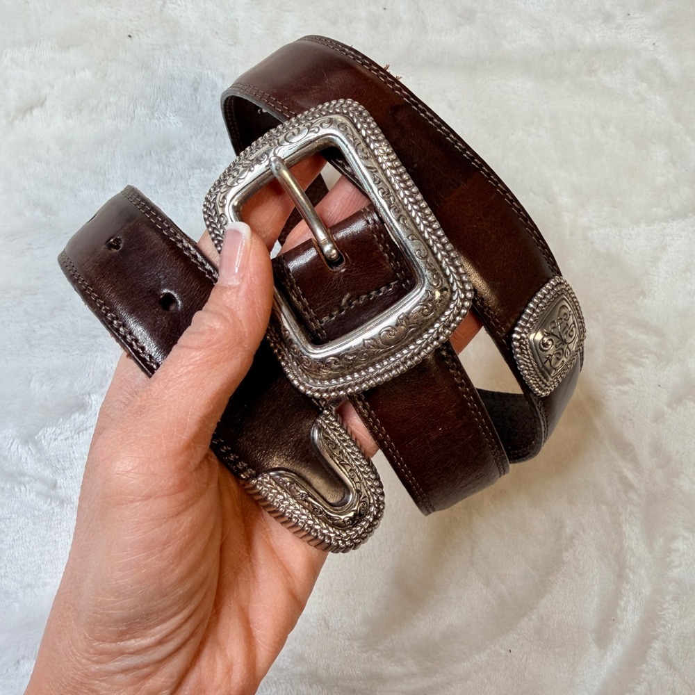 Vintage Dark Brown Leather Western, conchos Belt Silver Engraved Buckle 34